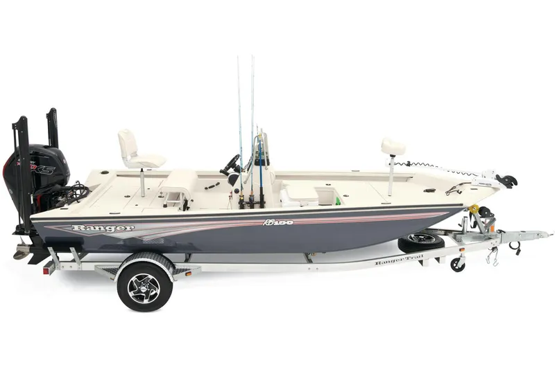Slide: The Image of 2026 Ranger RB190 boat interior with storage compartment and camouflage seating. - 13