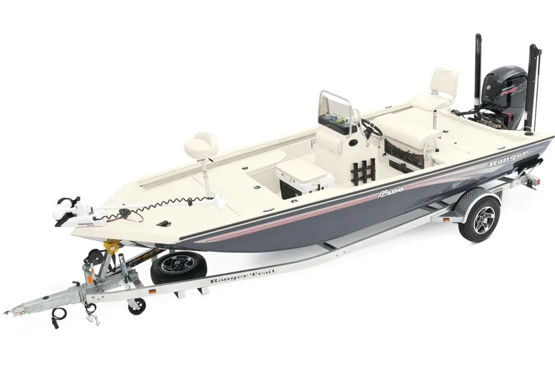 The Image of 2026 Ranger RB190 boat with camouflage design on a trailer outside a showroom. - 2
