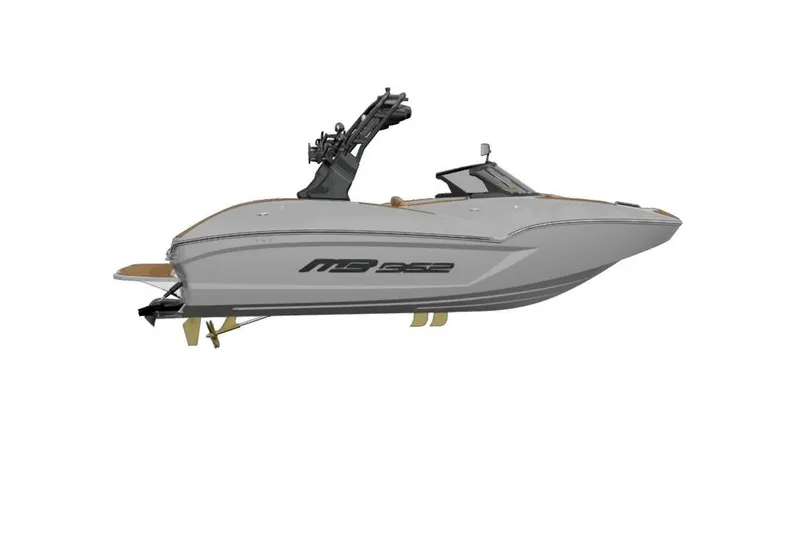 Slide: The Image of 2026 MB B52 21 Alpha boat on calm water, showcasing sleek design and modern features. - 2