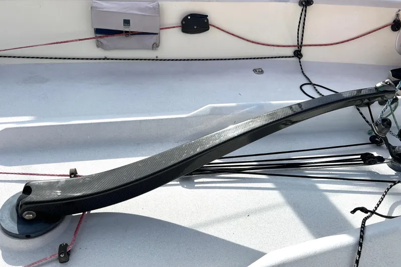 Slide: The Image of Close-up of 2015 Wraceboats GP26 sailboat deck with rigging and carbon fiber tiller. - 9