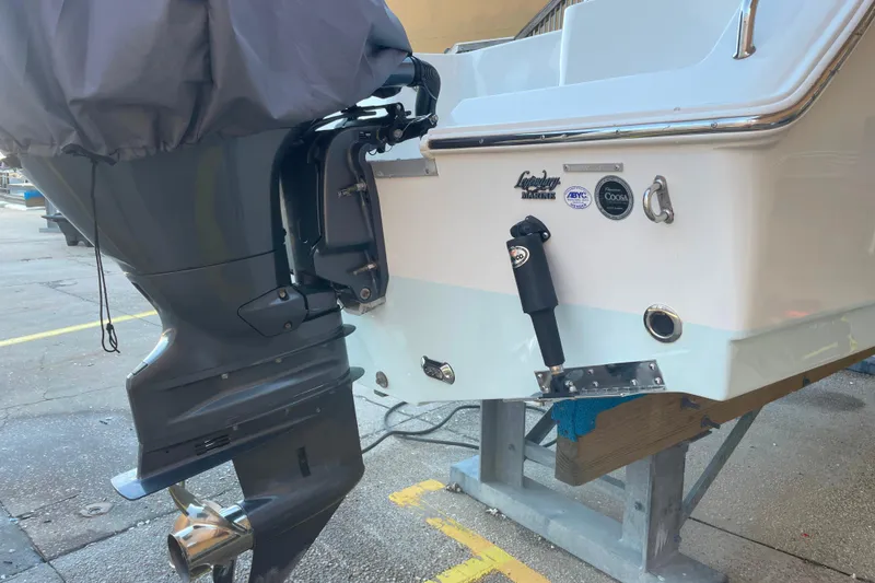 Slide: The Image of 2017 Sea Hunt Triton 210 boat with outboard motor on a stand. - 6