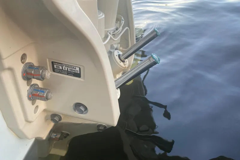 Slide: The Image of Close-up of Yamaha LF350XSA4 engine label on 2025 Grady-White Canyon 306 boat. - 21
