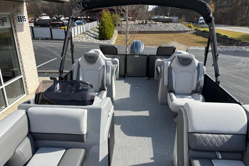 Slide: The Image of 2026 Veranda 22 FRC Plus 2 pontoon boat with luxurious seating and modern design. - 5