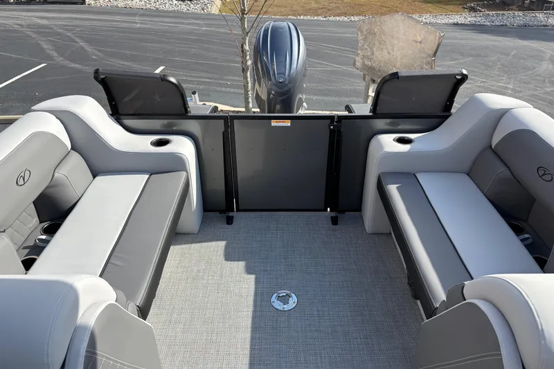 Slide: The Image of 2026 Veranda 22 FRC Plus 2 pontoon boat interior with gray seating and cup holders. - 6
