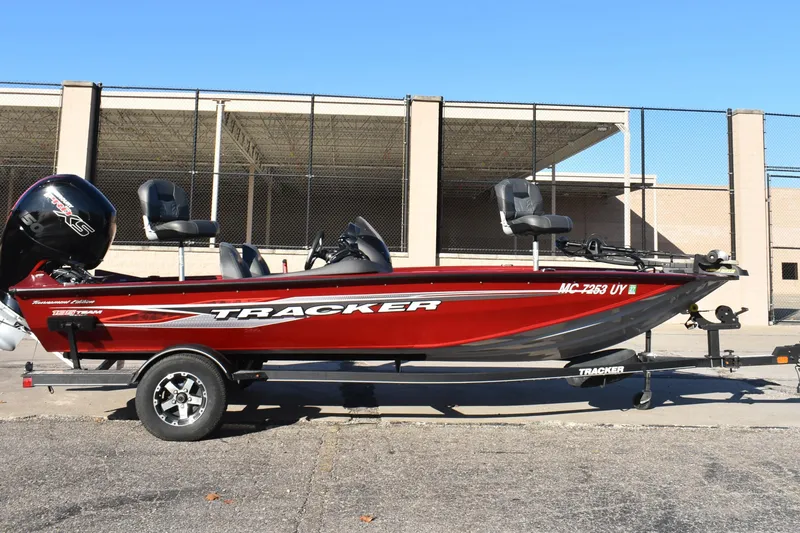 The Image of 2019 Tracker Pro Team 195 TXW Tournament Edition boat on trailer, red color. - 0