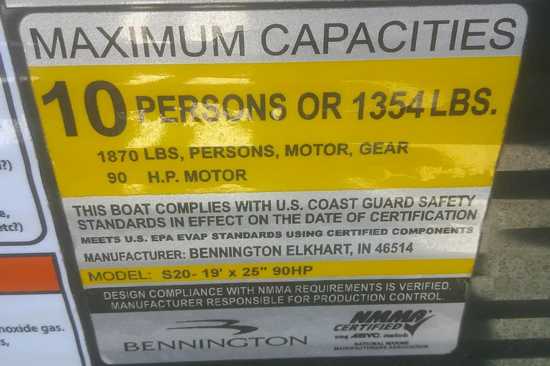 Slide: The Image of 2021 Bennington S 20 L-Bench capacity label, 10 persons or 1354 lbs, 90 HP motor. - 14