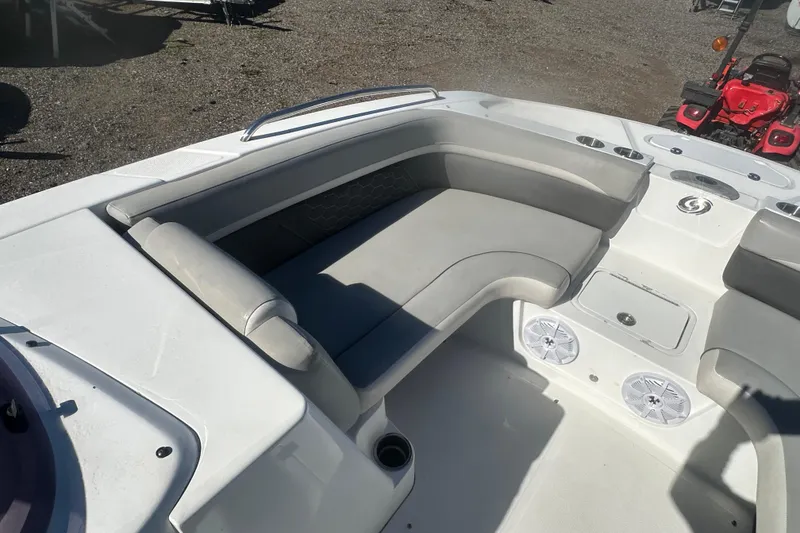 Slide: The Image of 2020 Hurricane SunDeck Sport 192 RL OB boat interior with cushioned seating. - 14