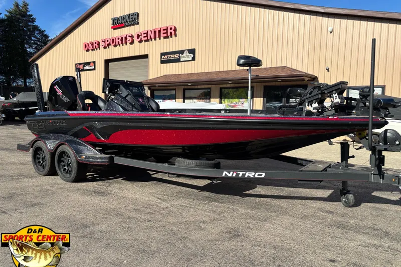 The Image of 2024 Nitro Z21 XL boat at D&R Sports Center, displayed on a trailer. - 0
