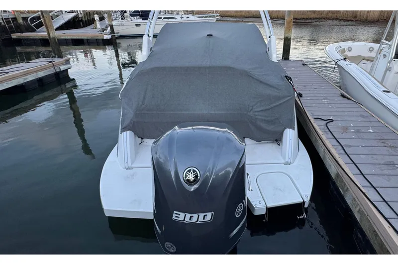 Slide: The Image of 2019 Cobalt 25SC boat with cover and Yamaha 300 outboard motor at dock. - 37