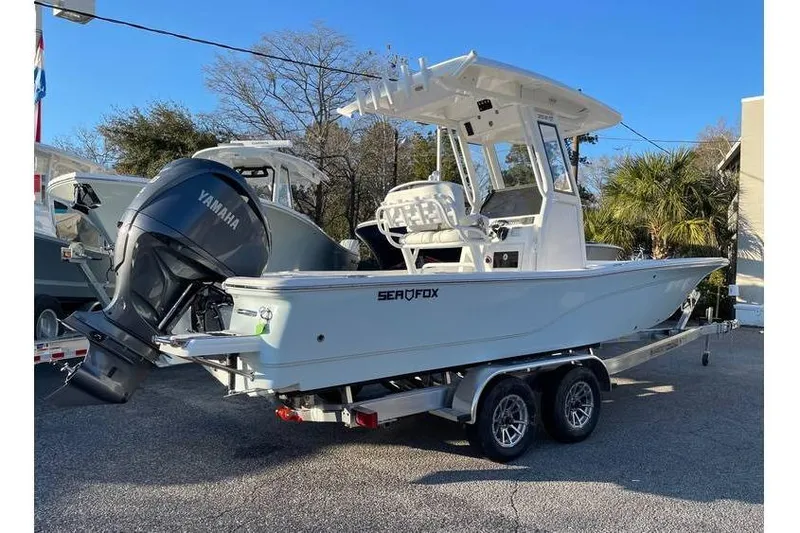 Slide: The Image of 2024 Sea Fox 251 Bay Fox boat on trailer with Yamaha outboard motor. - 9