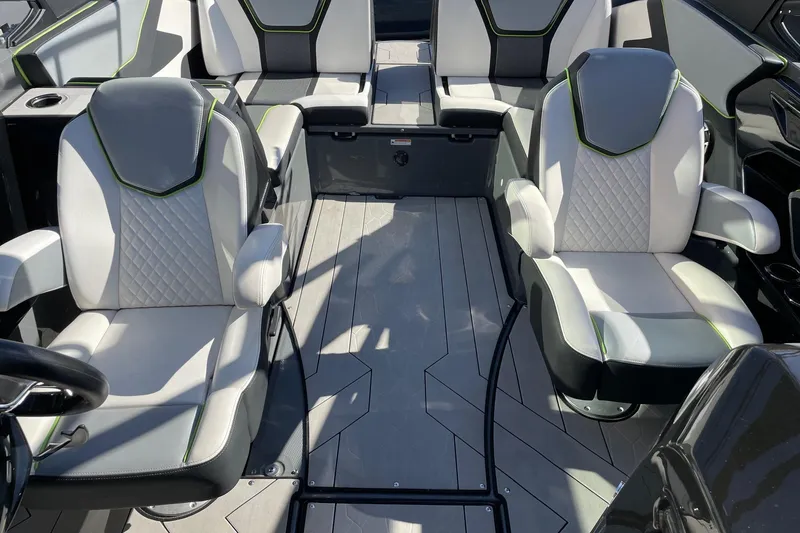 Slide: The Image of Interior of 2021 Yamaha Boats 255XD featuring modern seating and sleek design. - 12