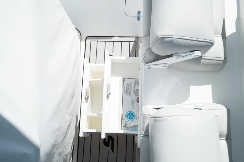 Slide: The Image of 2019 Sea Pro 259 Center Console interior with open storage compartment and cushioned seating. - 27
