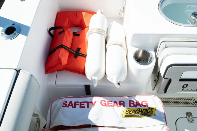 Slide: The Image of Safety gear on 2019 Sea Pro 259 Center Console boat, including life jacket and fenders. - 45
