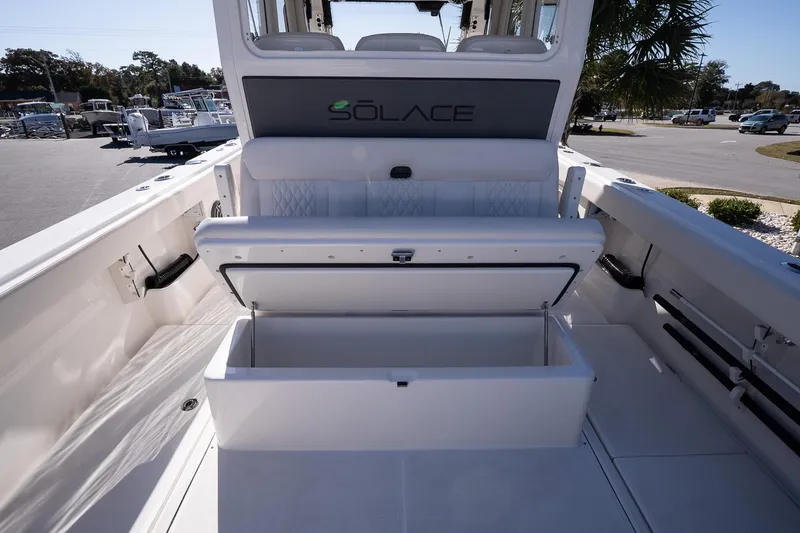 Slide: The Image of 2026 Solace 37 Pilot boat interior with open storage compartment. - 14