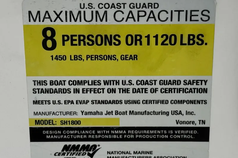 Slide: The Image of 2016 Yamaha Boats 190 FSH Deluxe capacity label, U.S. Coast Guard certified for 8 persons or 1120 lbs. - 35