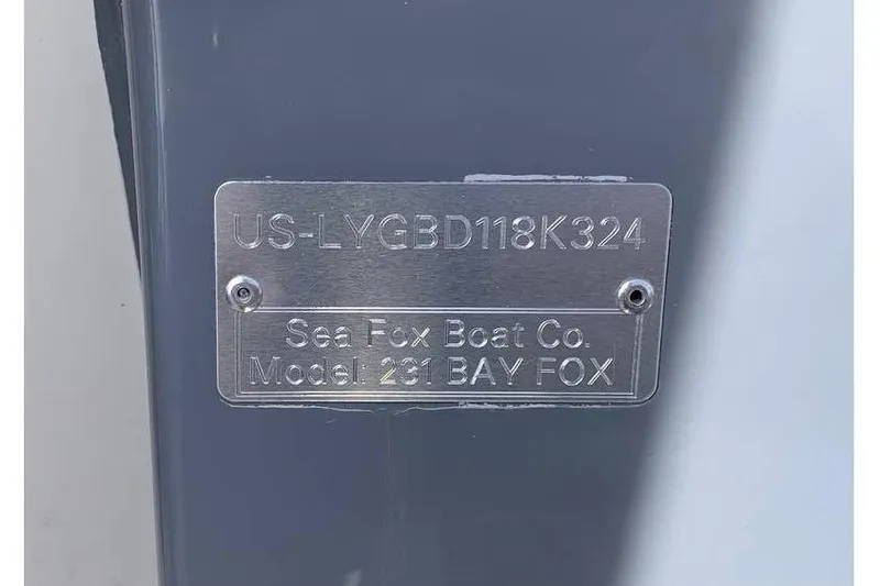 Slide: The Image of 2024 Sea Fox 231 Bay Fox identification plate with serial number. - 24