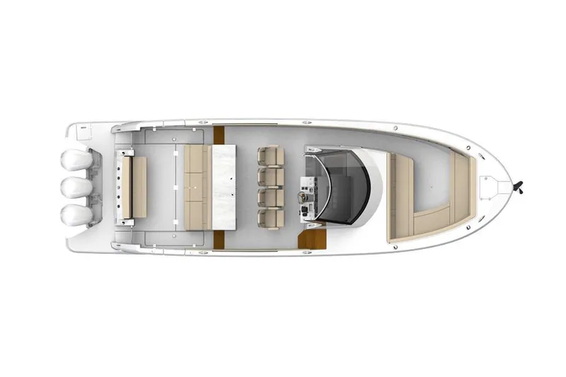 Slide: The Image of 2026 Regal 38 SAV boat interior with seating and control panel in a showroom. - 17