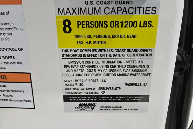 Slide: The Image of 2025 Robalo R180 Center Console capacity label, 8 persons or 1200 lbs, 150 HP motor. - 22