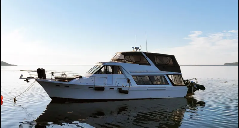 Slide: The Image of 1995 Bayliner 4788 Pilothouse Motoryacht on calm water under clear sky. - 0