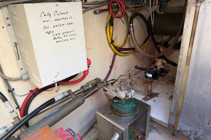 Slide: The Image of Engine room of 1987 Hi-Star 55 Yacht Fisherman with wiring and control systems. - 23