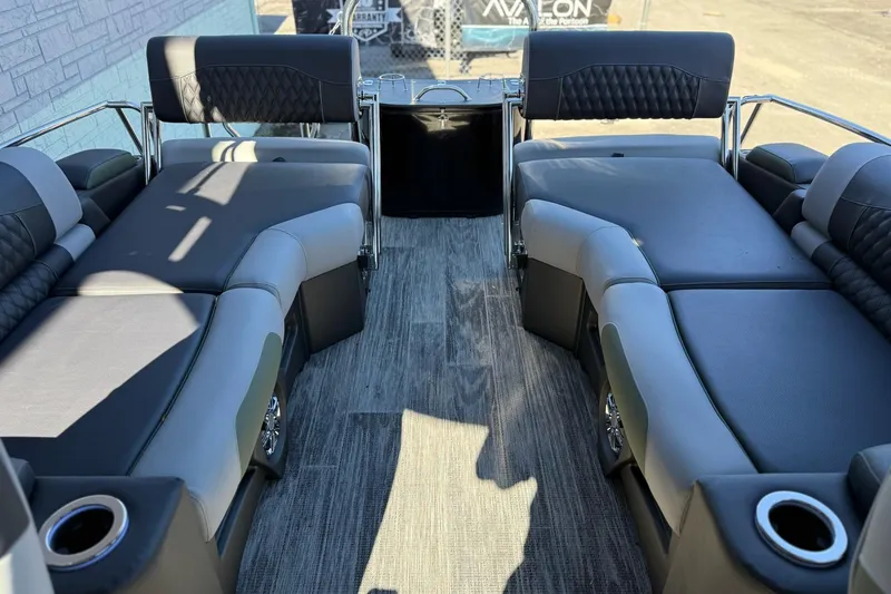 Slide: The Image of Luxurious seating on 2026 Avalon 2385 Catalina QLS Windshield boat, featuring sleek design and comfort. - 12