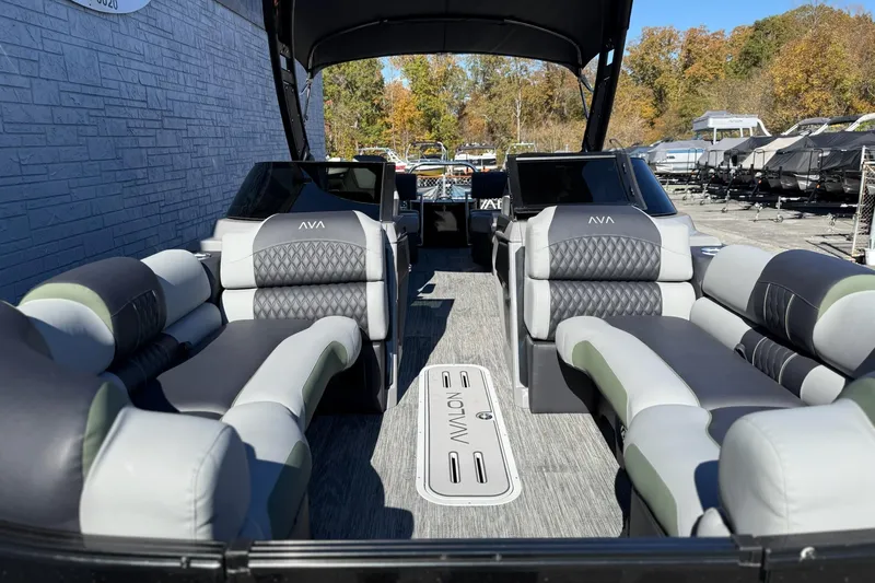 Slide: The Image of 2026 Avalon 2385 Catalina QLS Windshield pontoon boat with luxurious seating and modern design. - 15
