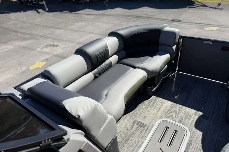Slide: The Image of 2026 Avalon 2385 Catalina QLS Windshield boat interior with luxurious seating. - 16