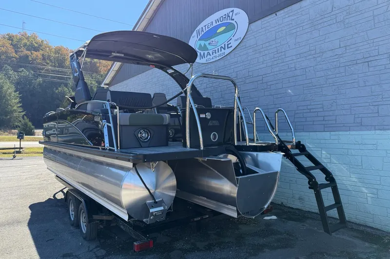 Slide: The Image of 2026 Avalon 2385 Catalina QLS Windshield pontoon boat on trailer at Water Workz Marine. - 6