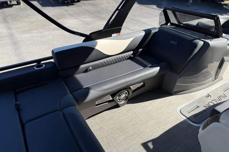 Slide: The Image of 2026 Avalon 2385 LSZ VRB Windshield boat interior with sleek seating and modern design. - 11