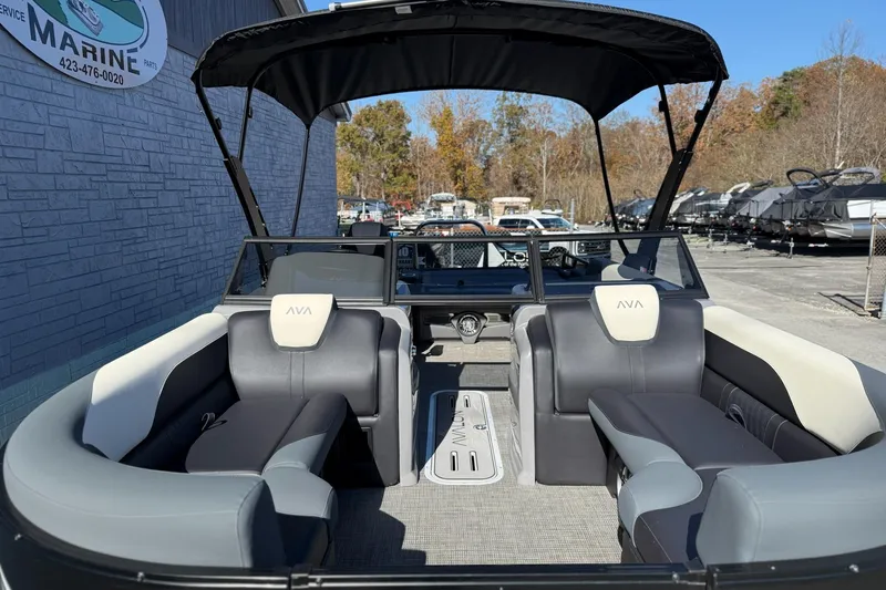 Slide: The Image of 2026 Avalon 2385 LSZ VRB pontoon boat with windshield, featuring spacious seating and modern design. - 16
