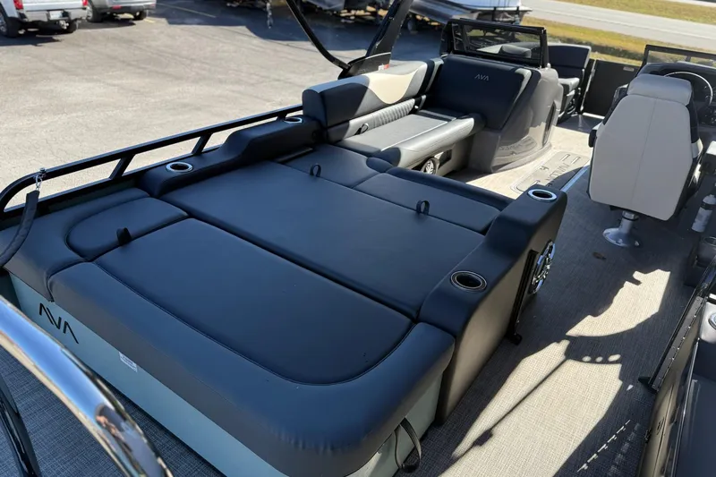 Slide: The Image of 2026 Avalon 2385 LSZ VRB Windshield boat interior with seating and cup holders. - 9