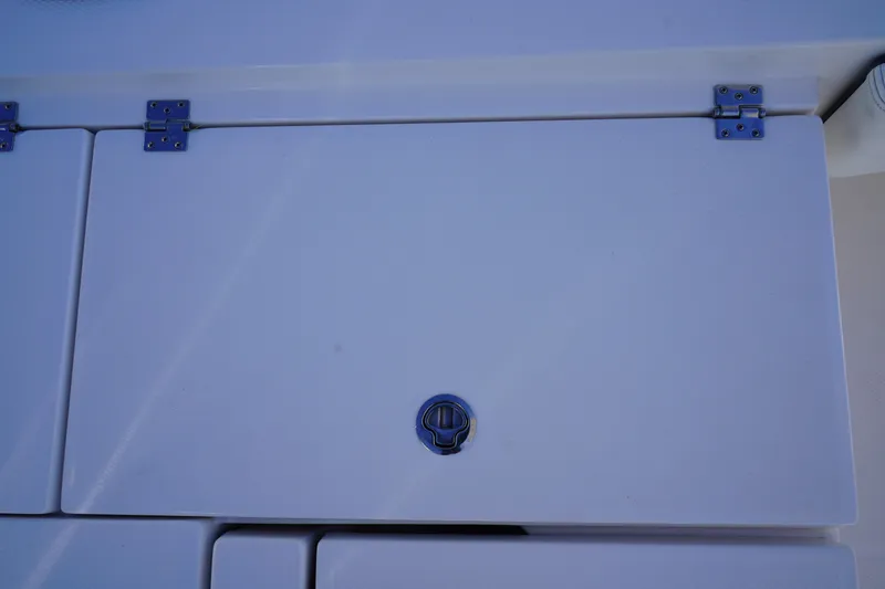 Slide: The Image of 2023 Robalo 266 Cayman boat storage compartment with metal hinges and latch. - 14