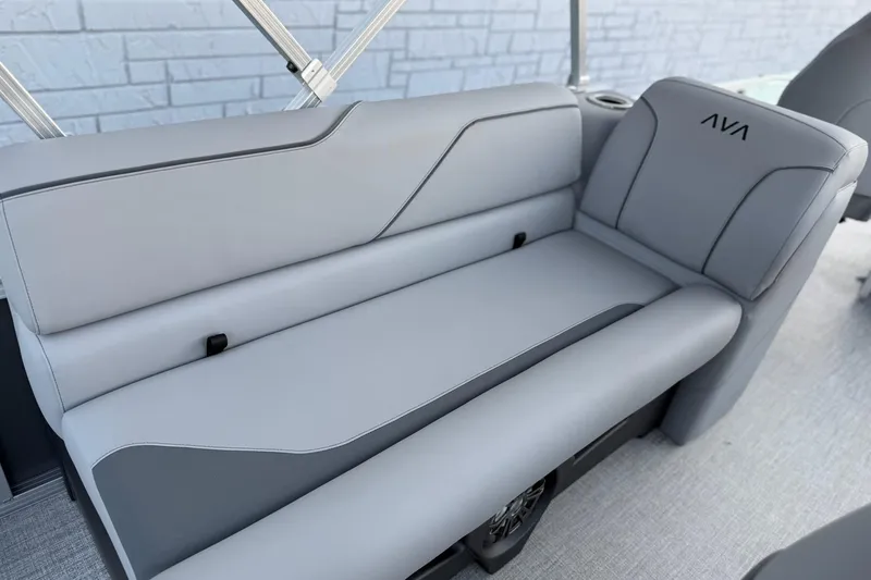 Slide: The Image of 2026 Avalon 2385 Venture 85 Center Fish boat interior with sleek gray seating. - 17