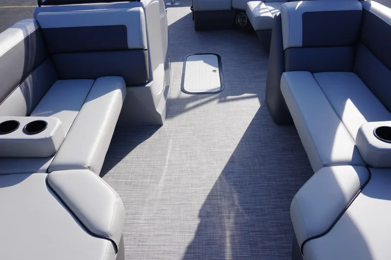 Slide: The Image of Luxurious interior of 2026 Viaggio Lago V-R boat with plush seating and cup holders. - 52