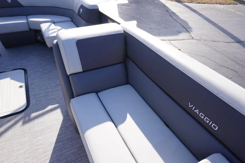Slide: The Image of Luxurious seating on 2026 Viaggio Lago V-R boat, featuring sleek gray upholstery. - 55