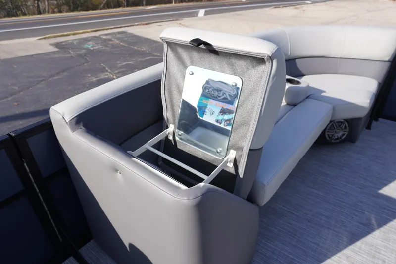 Slide: The Image of 2026 Viaggio Lago V-R boat interior with gray seating and storage compartment. - 57