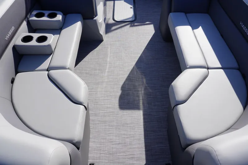 Slide: The Image of Interior seating of 2026 Viaggio Lago V-R boat with cup holders. - 62