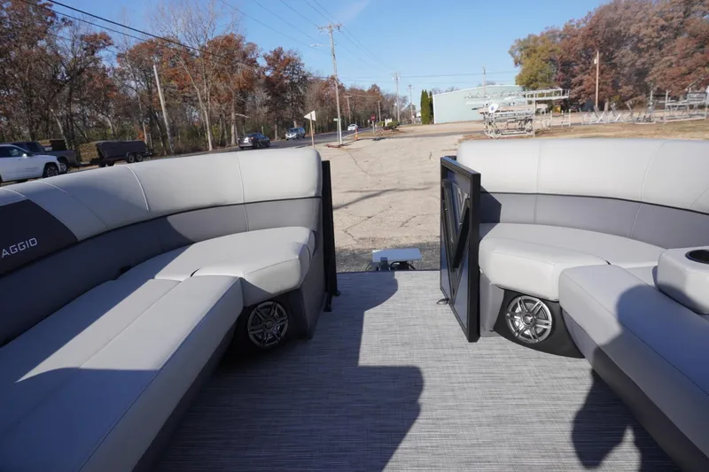 Slide: The Image of Luxurious 2026 Viaggio Lago V-R pontoon boat interior with plush seating and modern design. - 64