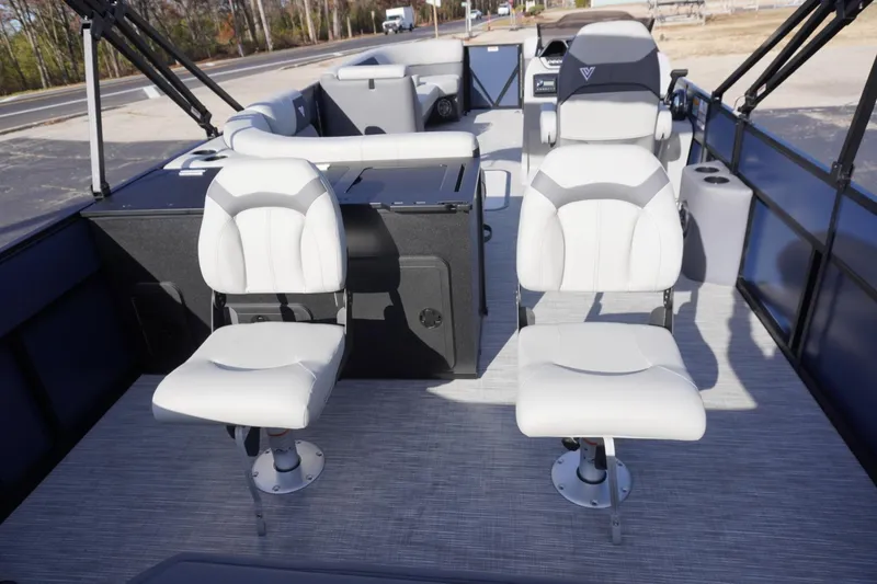Slide: The Image of 2026 Viaggio Lago V-R boat interior with modern seating and sleek design. - 9