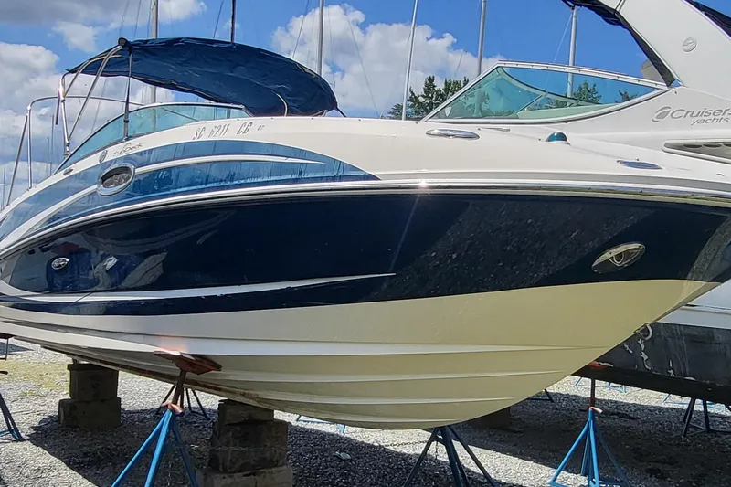 The Image of 2013 Sea Ray 260 Sundeck boat on stands, blue and white hull, sunny day. - 0