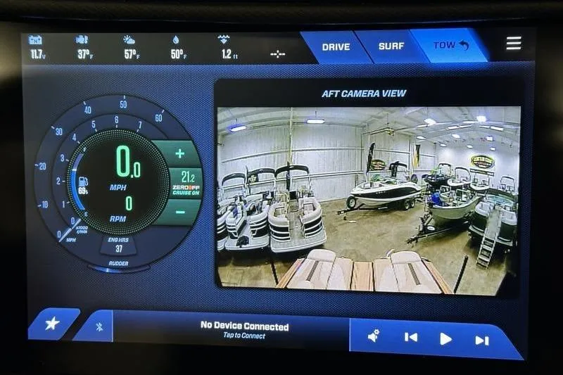 Slide: The Image of 2025 MasterCraft XT24 dashboard display with aft camera view and control settings. - 41