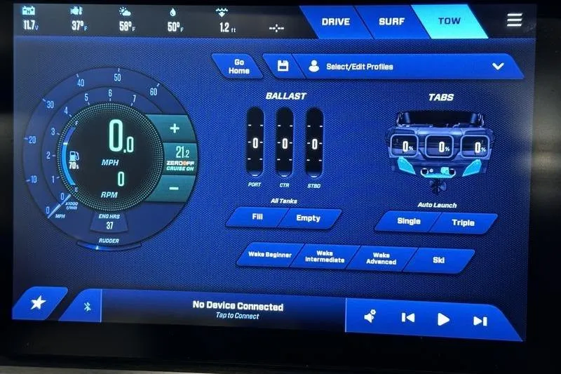 Slide: The Image of 2025 MasterCraft XT24 dashboard display with speedometer, ballast controls, and wake settings. - 42