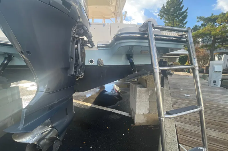 Slide: The Image of 2018 Grady-White Freedom 235 boat on blocks, showing outboard motor and ladder. - 10