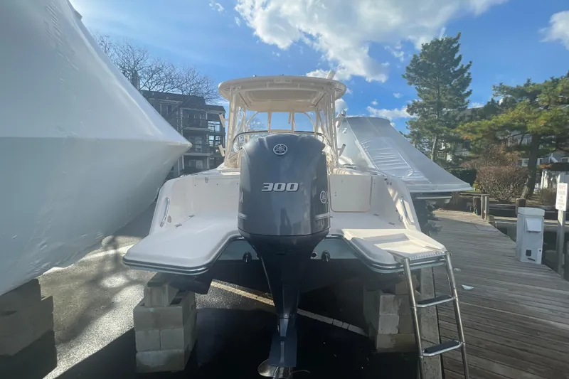 Slide: The Image of 2018 Grady-White Freedom 235 boat with Yamaha 300 engine, docked under clear sky. - 8