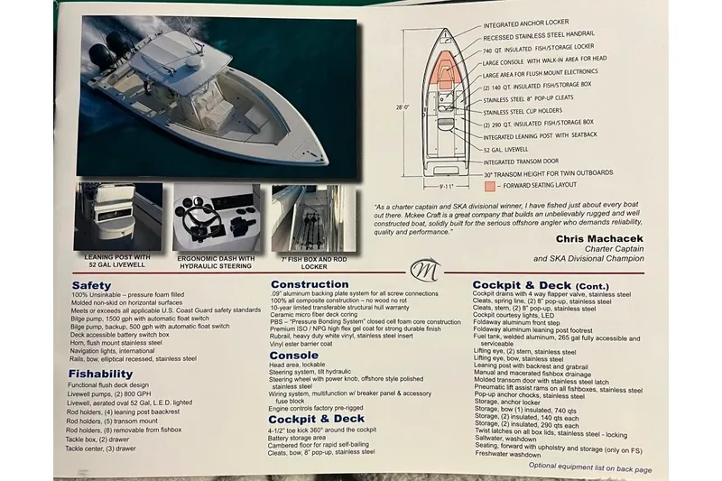 Slide: The Image of 2008 McKee Craft Freedom 28 FS/CC brochure detailing features, safety, construction, and cockpit specifications. - 30