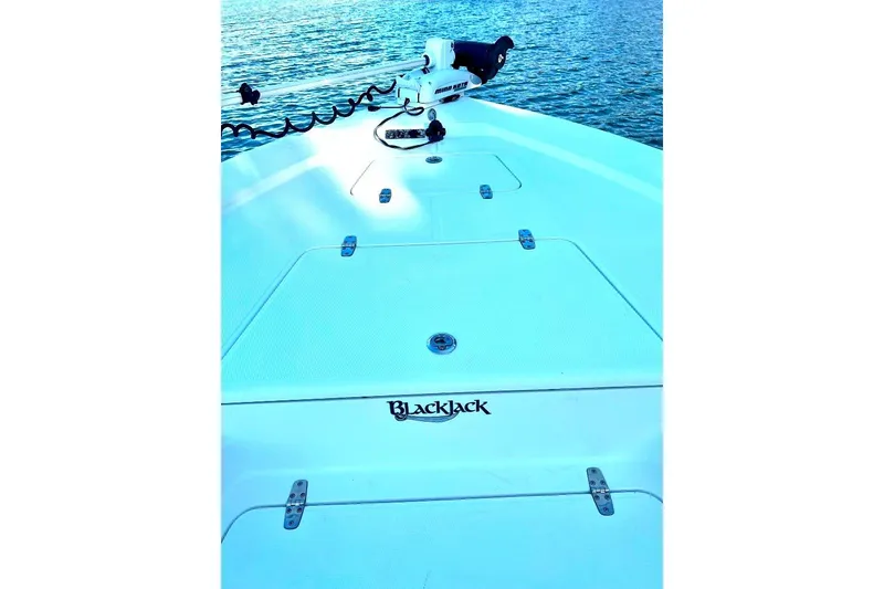 Slide: The Image of Bow of a 2015 BlackJack 224 boat on water, featuring a trolling motor. - 10