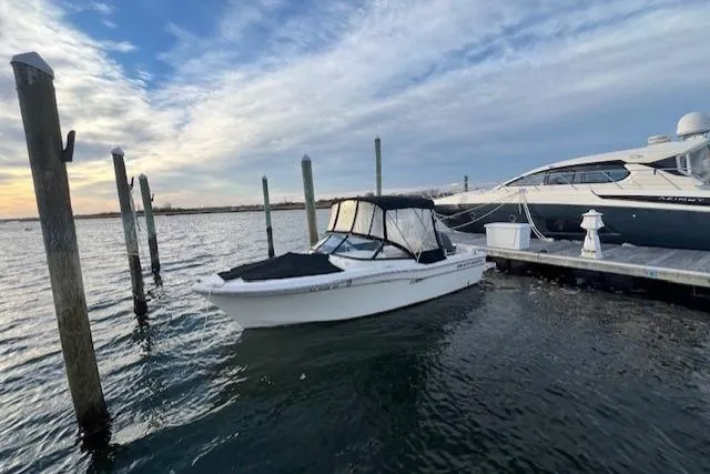 Slide: The Image of 2016 Grady-White Freedom 205 boat docked at marina under cloudy sky. - 1