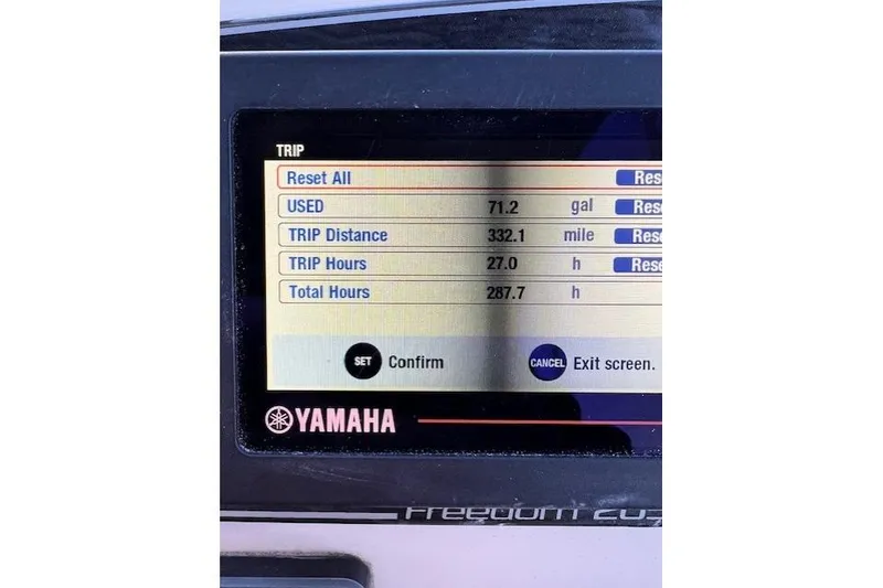 Slide: The Image of Yamaha display showing trip data: 71.2 gallons used, 332.1 miles, 27 hours, total 287.7 hours. - 18
