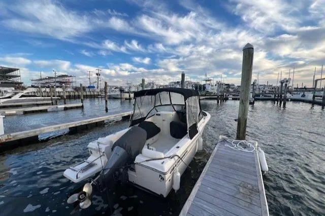 Slide: The Image of 2016 Grady-White Freedom 205 boat docked at marina under a vibrant sky. - 2