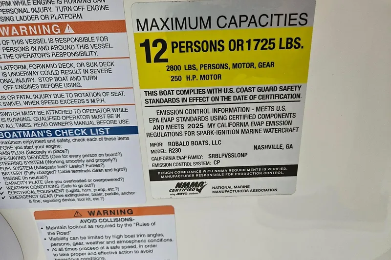 Slide: The Image of 2025 Robalo R230 Center Console capacity label, max 12 persons or 1725 lbs, 250 HP motor. - 39